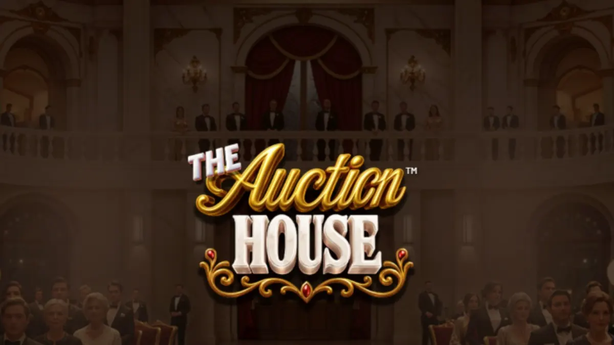 Tampilan visual mewah dari slot The Auction House dengan simbol permata dan karya seni.